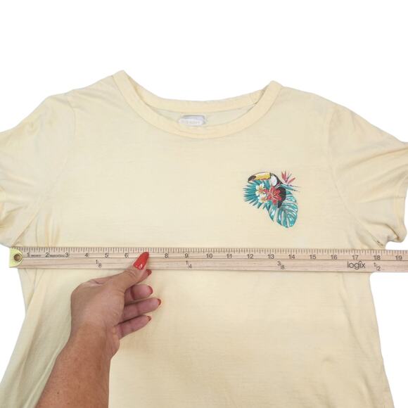 Old Navy Shirt Womens Medium Baby Yellow Toucan Palm Leaf Sheer 100% Cotton - Picture 9 of 11